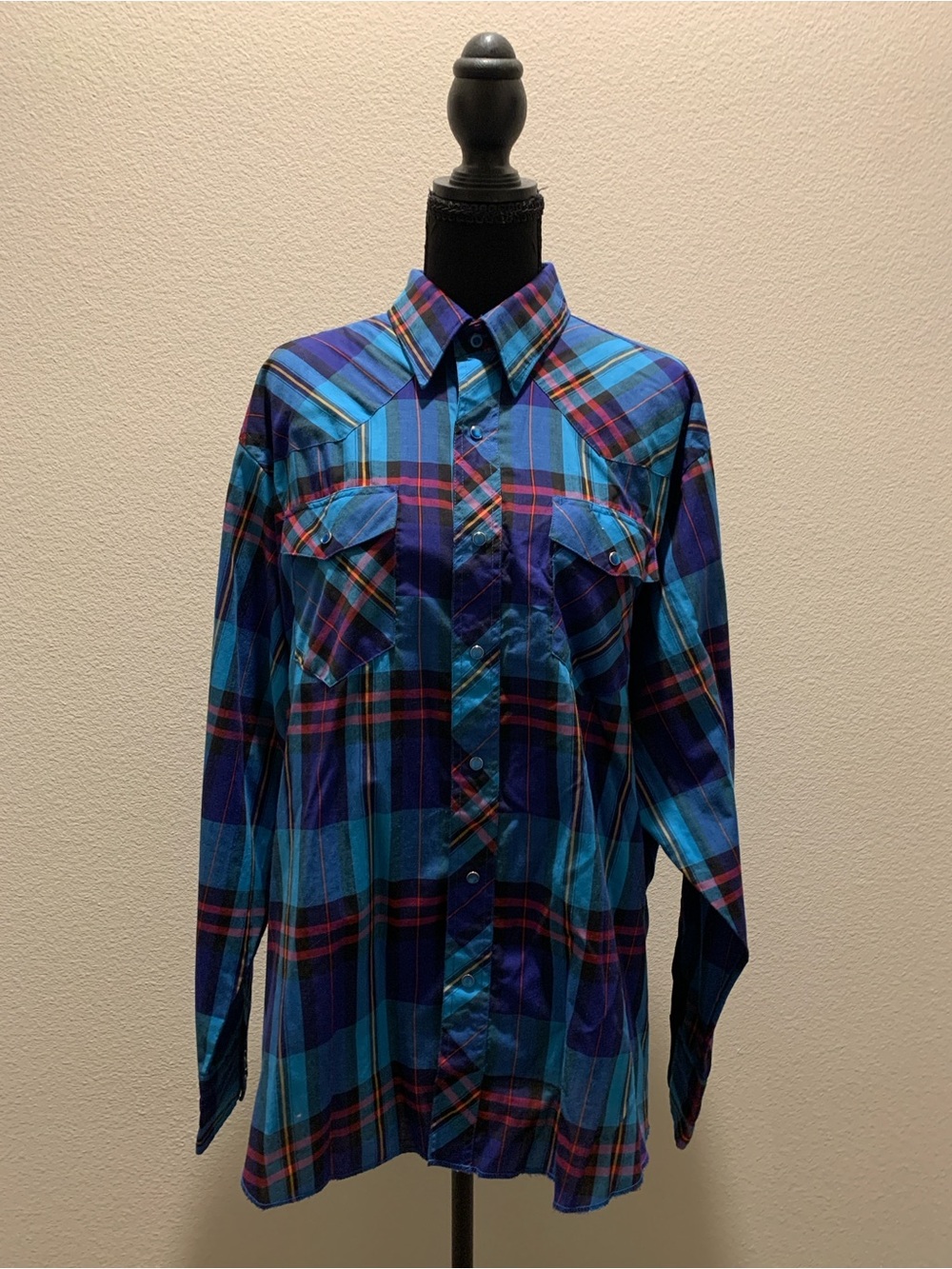 Vintage Rustler Plaid Western Pearl Snap Shirt XL X-Long Tails Bold Jewel Tone